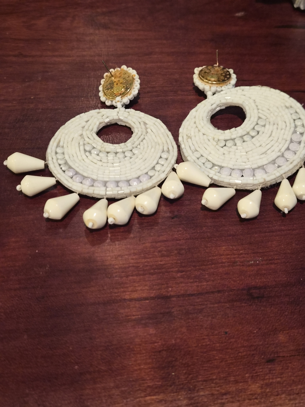 Kenneth Jay Lane White Beaded Statement Hoop Earrings Drop Dangle